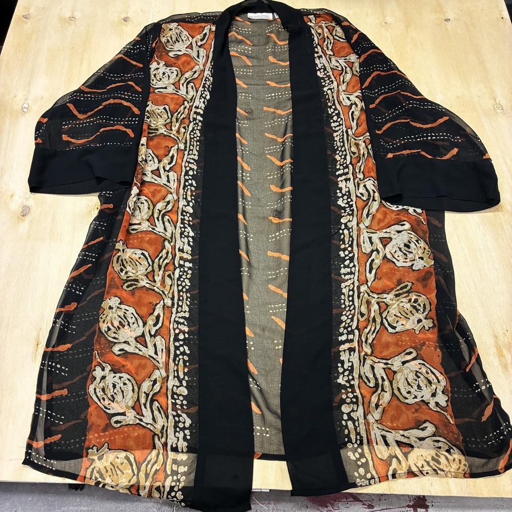 Silhouettes Kimono Jacket Womens Plus 2X Black Floral Sheer Chiffon Open Front
